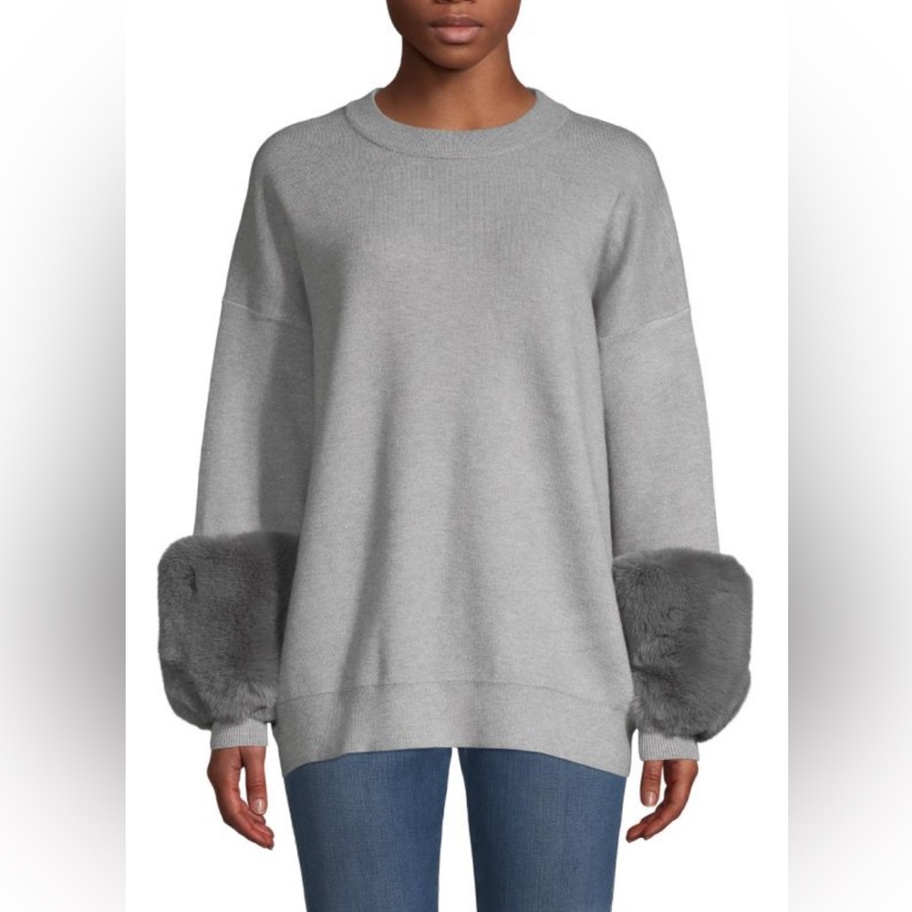 USED SAKS FIFTH AVENUE Gray Faux Fur Cuff Sweater Sz Medium
